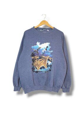 Vintage 90s Dog Loon Nature Graphic Crewneck Sweater Blue Size L